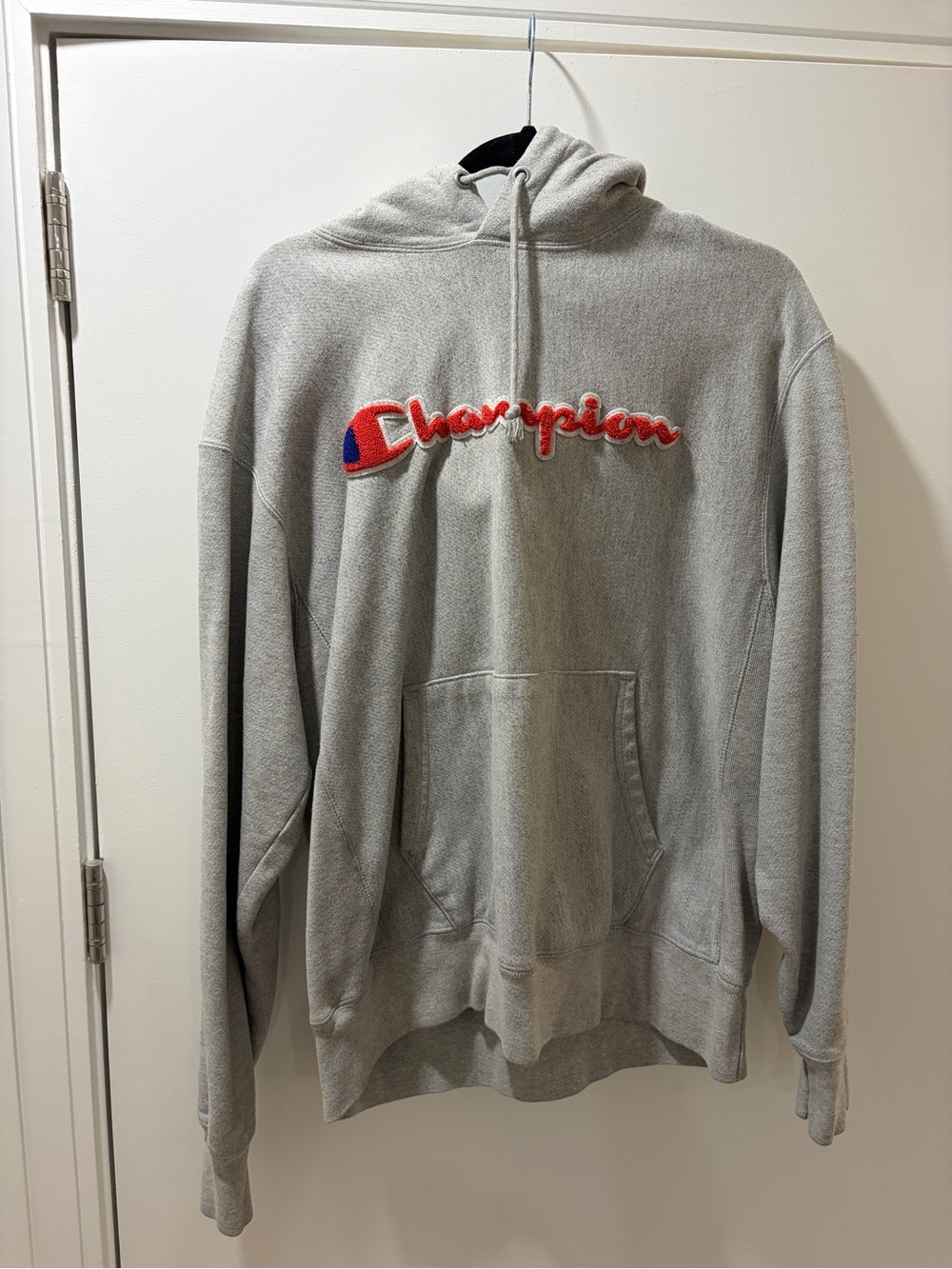 Champion Gray Hoodie with Red Script Logo